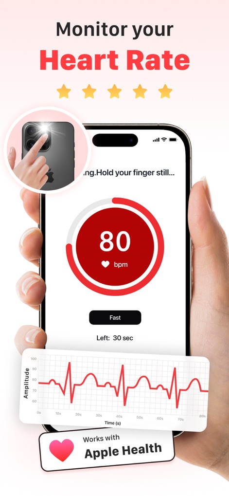 iPulse - Check Heart Rate & BP - See how the app leverages your phone's camera for instant heart rate measurement and displays real-time BPM data alongside a detailed waveform graph.