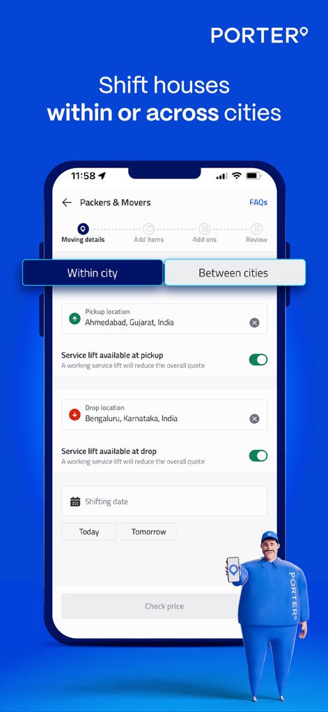 Porter - Logistics Service App - A seção 'Packers & Movers' oferece opções para mudanças 'Within city' (dentro da cidade) ou 'Between cities' (entre cidades), com campos para definir as localidades de coleta e entrega.
