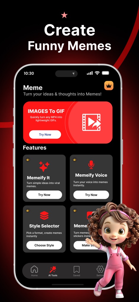 Red gifs: make it meme - A interface inicial apresenta funcionalidades como 'IMAGES To GIF' para converter fotos em GIFs e 'Memeify It' para transformar ideias em memes virais, oferecendo uma variedade de ferramentas criativas.