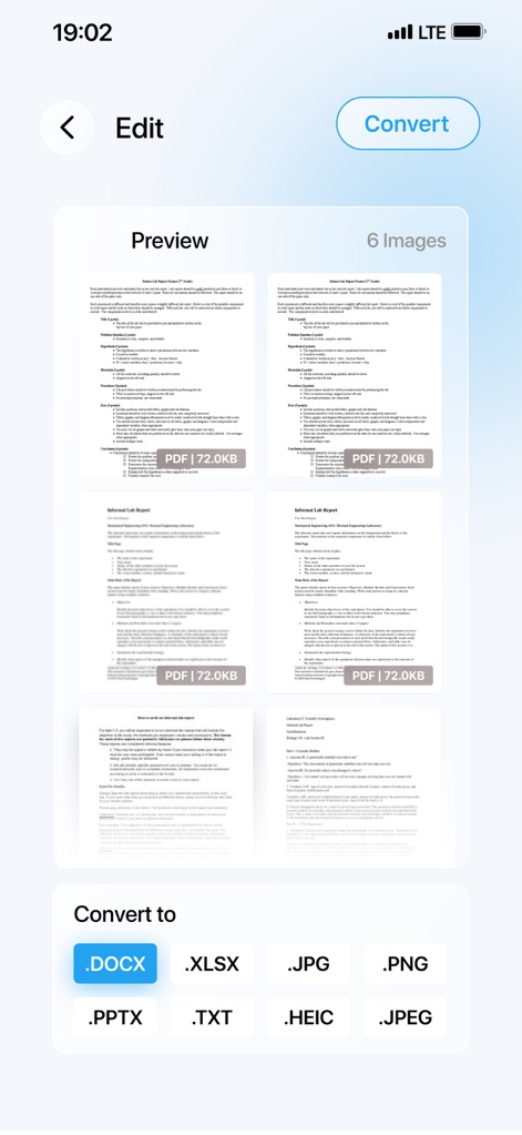 PDF Converter – Photos to PDF - L'application présente un aperçu détaillé de six documents PDF, affichant la taille de chaque fichier et proposant ensuite une conversion polyvalente vers des formats tels que DOCX ou JPG.