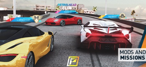 PetrolHead : Street Racing - 3台の車両がレーストラックで競い合う様子が捉えられており、画面の右下には「MODS AND MISSIONS」というゲームモードを指し示すテキストがオーバーレイされています。