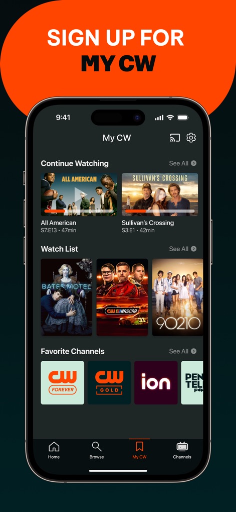 The CW - Users can access the 'My CW' section, featuring a personalized "Continue Watching" queue and a "Watch List" for future viewing.