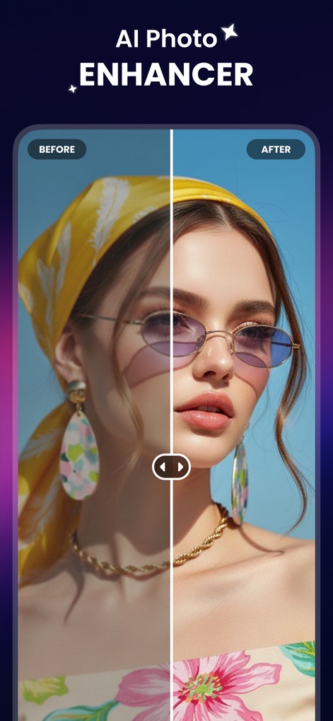 ReSnap: AI Photos & Edits - Cet outil utilise un 'curseur avant/après' pour révéler l'impact impressionnant de l'optimisation IA, transformant visiblement la 'luminosité et la clarté des détails' de chaque cliché.