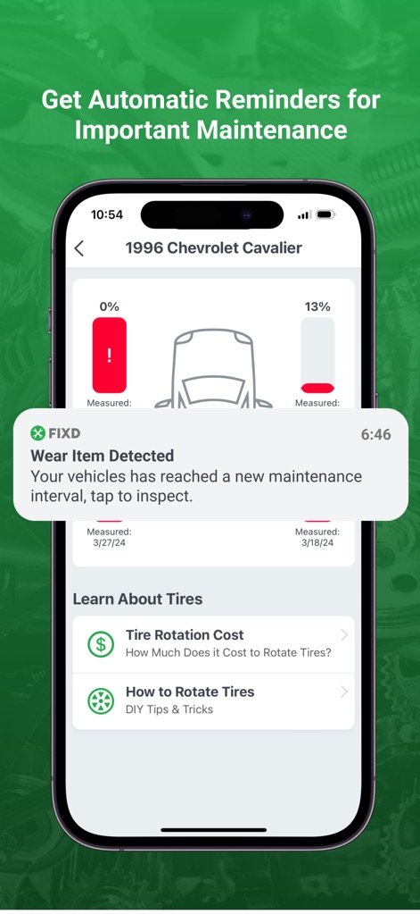 FIXD OBD2 Scanner - Observe how the app delivers automatic 'Wear Item Detected' notifications and offers valuable resources like 'Tire Rotation Cost' estimates to keep vehicle maintenance on track.