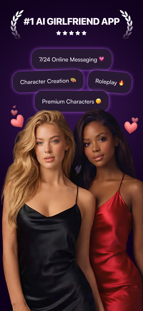 MyChar: Chat with AI Friends - The app showcases a user-friendly interface for 'Character Creation' and options for engaging in 'Roleplay' scenarios with personalized AI companions.