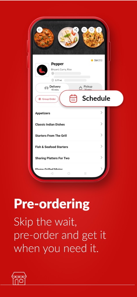 Foodhub - Online Takeaways - This tool enables convenient meal planning, featuring a 'Schedule' button for pre-ordering and a clear presentation of various menu categories like 'Appetizers' and 'Classic Indian Dishes'.