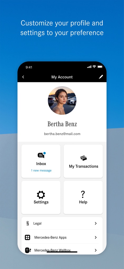 Mercedes-Benz (USA/CA) - This section allows for personalized profile management and provides quick access to essential features like the inbox and application settings.