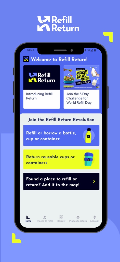 Refill Return - A tela inicial apresenta opções claras para os usuários, destacando a seção 'Junte-se à Revolução Refill Return' e cards informativos como 'Introduzindo Refill Return'.