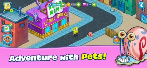 SpongeBob Adventures: In A Jam - Engage with delightful pet companions like Gary the Snail, navigating through detailed urban environments filled with unique buildings and shops.