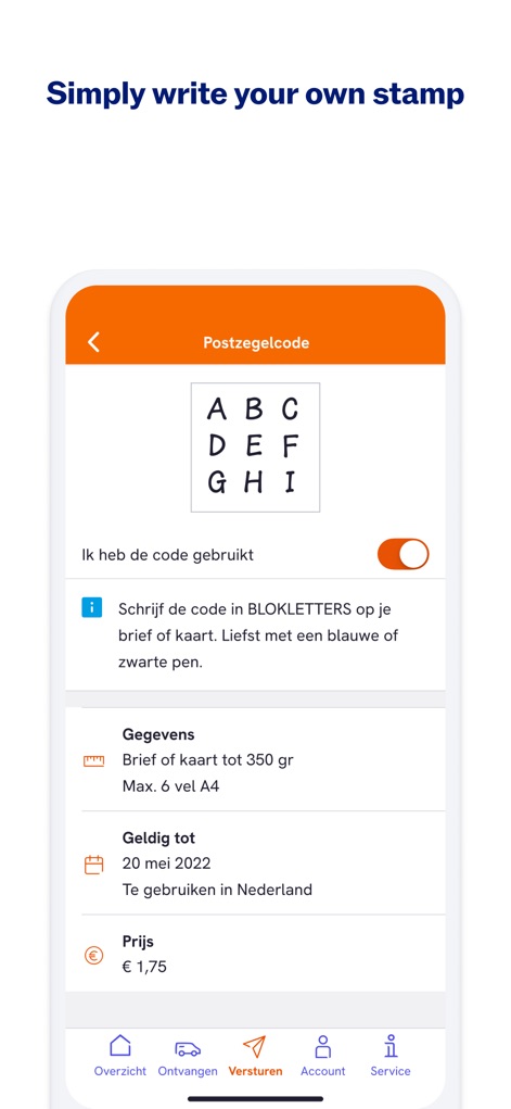 PostNL - This feature introduces the ease of digital stamps, presenting a unique "Postzegelcode" (stamp code) as a grid of letters and offering clear instructions to write it directly on the letter.