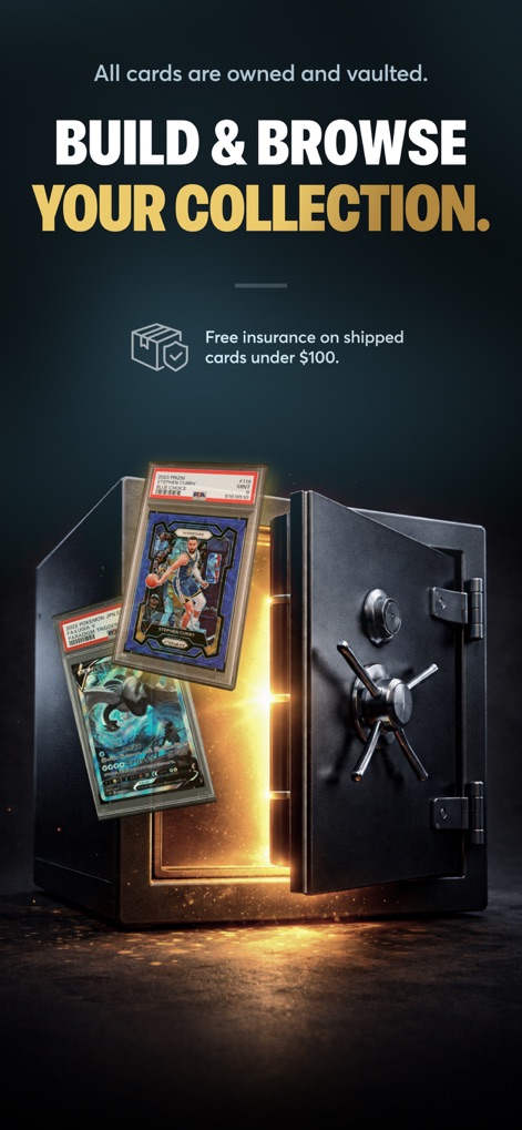 Rips by Triumph - La aplicación ofrece un sistema de custodia seguro, donde los usuarios pueden almacenar sus valiosas cartas, como las 'cartas de la NBA y TCG dentro de una bóveda digital', con 'seguro gratuito para envíos' en algunas piezas.