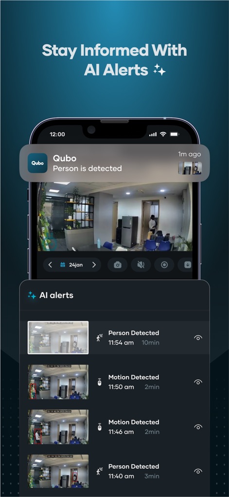 Qubo - Die App liefert proaktive Benachrichtigungen bei Personenerkennung (X) und zeigt eine übersichtliche Liste aller erfassten KI-Ereignisse (Y) an, um Nutzer stets zu informieren.