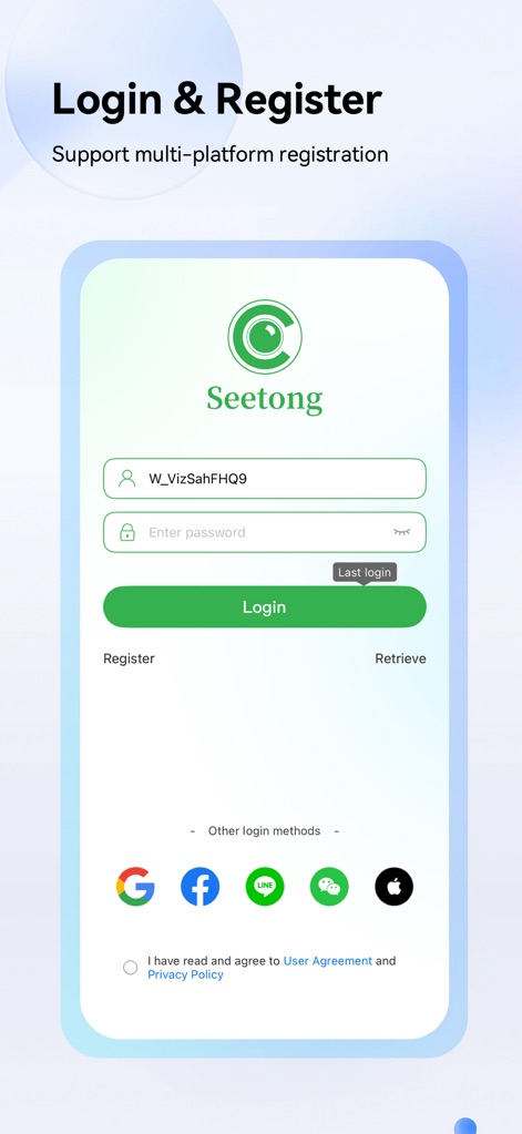 Seetong - 이 앱은 다양한 소셜 미디어 아이콘을 통해 간편한 로그인 옵션을 제공하며, 사용자는 약관 동의를 통해 개인 정보 보호 정책을 확인할 수 있습니다.