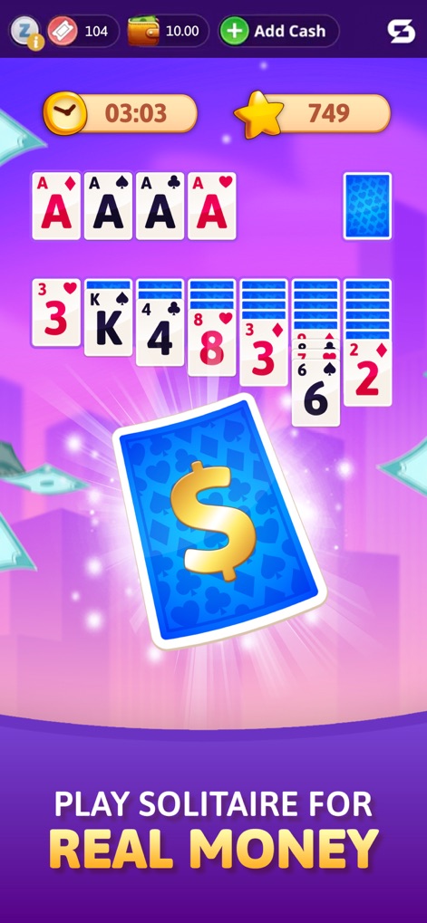 Solitaire Skillz - Win Cash - Esta captura muestra el entorno de juego con un temporizador activo y una tarjeta con el símbolo de dólar, indicando claramente que los usuarios pueden competir por premios en efectivo real.