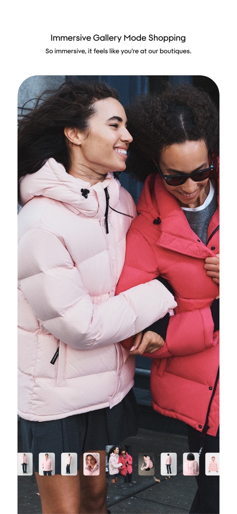 Aritzia - 没入感のあるギャラリーモードは、複数のモデル着用画像とカラーバリエーションを提示し、ユーザーにまるでブティックにいるかのような視覚的なショッピング体験を提供します。