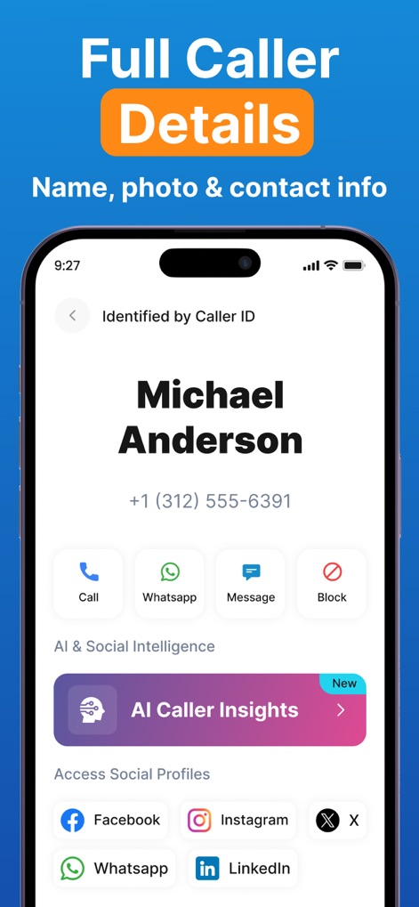 True CallerID: Spam Blocker - La aplicación ofrece información exhaustiva de la persona que llama, desde el nombre completo "Michael Anderson" y opciones de contacto directo, hasta "AI Caller Insights" y enlaces a perfiles de redes sociales.