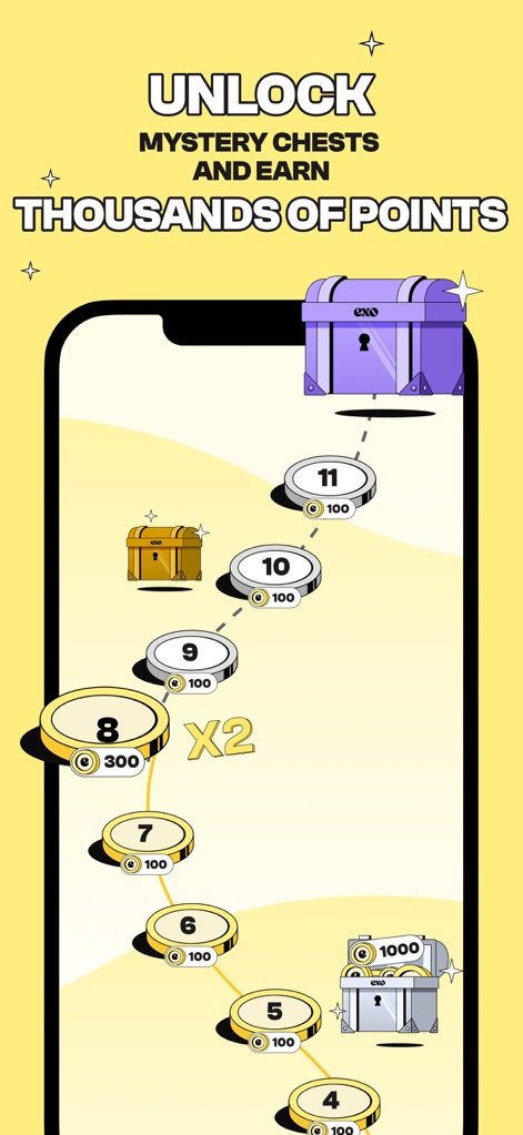 EXO – Sport, Cash & Rewards - The app gamifies fitness achievements through a clear progression path with numbered coins and enticing 'mystery chests' that unlock additional points and bonuses.