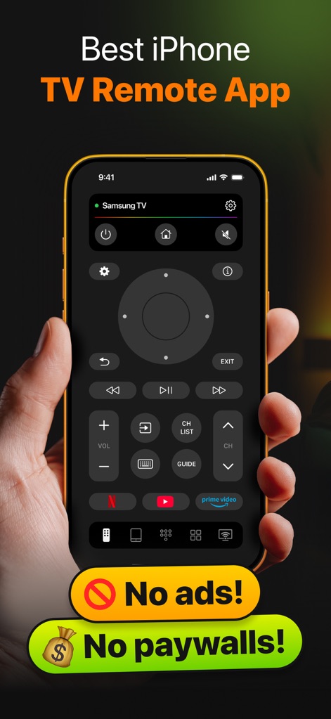 TVRem Universal TV Remote App - La aplicación ofrece una interfaz de control remoto completa con botones de navegación y acceso directo a apps como Netflix, destacando la ausencia de anuncios y paywalls.