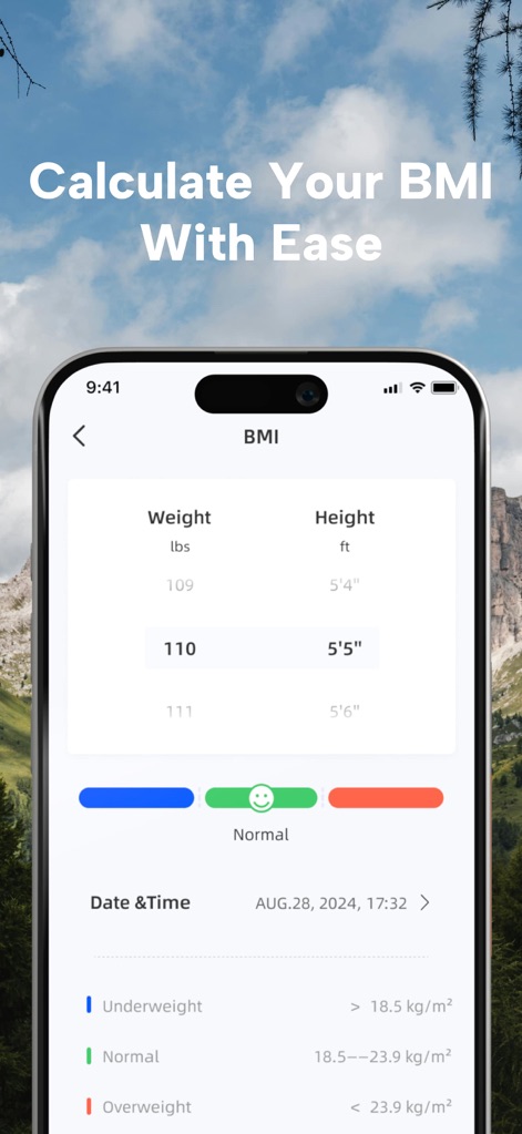 AI Health Pulse - Heart Rate - The app simplifies BMI calculation with straightforward input fields for weight and height, immediately presenting a color-coded classification of the user's BMI status.