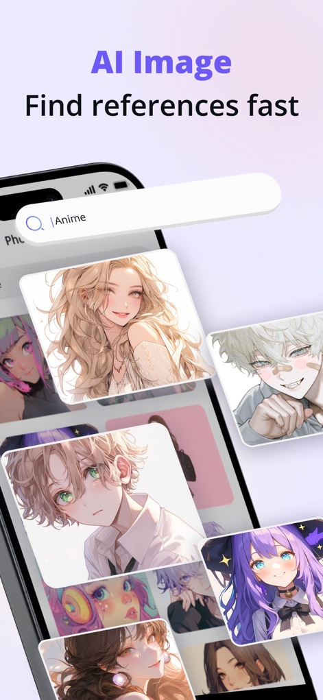 Trace Drawing App - Sketchify - El titular "AI Image Find references fast" demuestra la eficacia de la herramienta, presentando una barra de búsqueda con "Anime" y una cuadrícula de imágenes de inspiración en estilo anime, permitiendo a los usuarios encontrar referencias al instante.