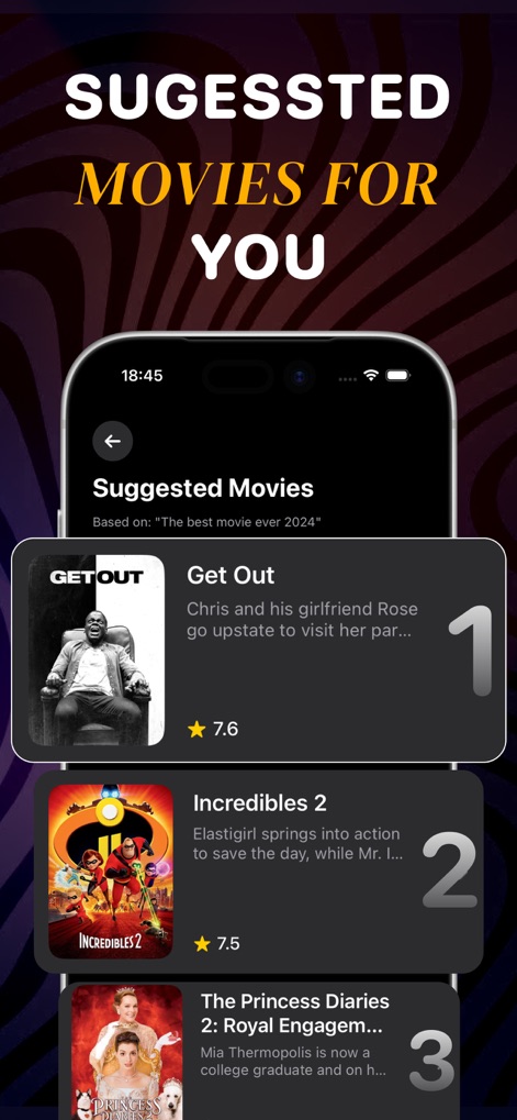 Streamex : Movies & TV Shows - Streamex presents a curated list of suggested movies, displaying titles like 'Get Out' and 'Incredibles 2' with their respective star ratings.