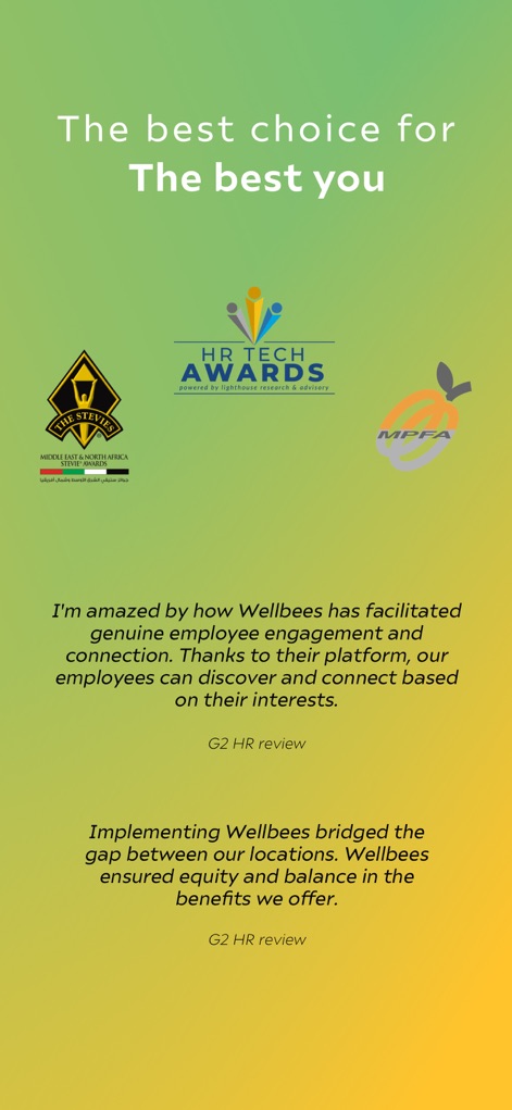 Wellbees - 本プラットフォームは、HR Tech Awardsなどの複数の業界賞受賞ロゴによってその質の高さが証明されており、企業からの推薦文は従業員ウェルビーイングへの貢献を強調しています。