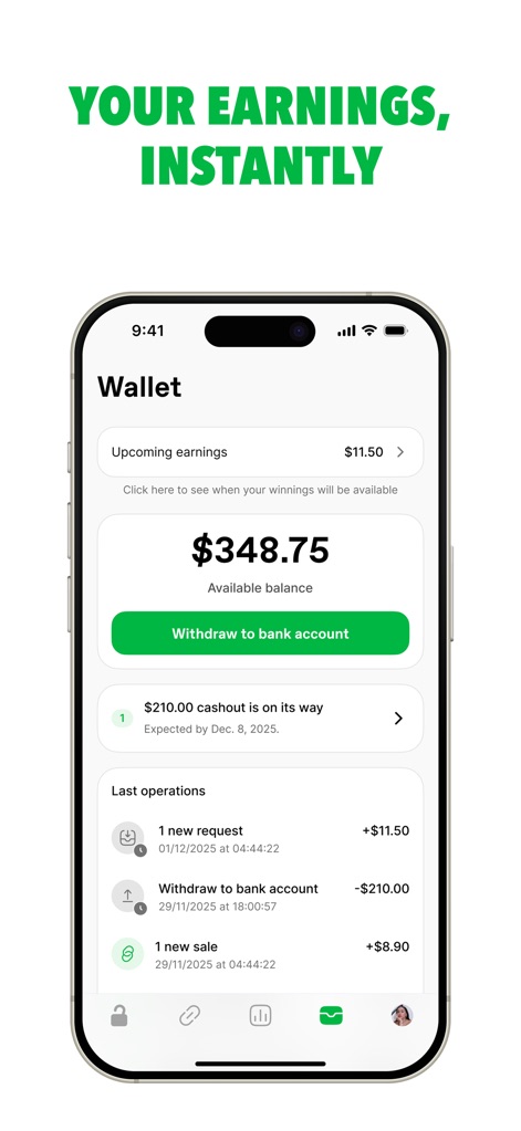 Unlockt - Sell your files - Discover the app's 'Wallet' feature, showcasing the immediate 'Available balance' and the convenient 'Withdraw to bank account' function.