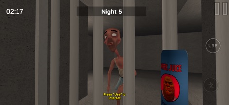 Five Nights At Shrek Hotel - ユーザーが直面する恐怖の「Night 5」の場面です。不気味な形相のクリーチャーが鉄格子越しに現れ、傍らにはミームを意識した「SHREK JUICE」のカートンが置かれており、緊張感あふれるインタラクションが示唆されています。