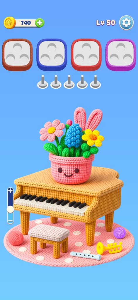 Wool Frenzy - Yarn Match 3D - Admire the artistry of the knitted piano and vibrant flower pot, surrounded by charming props like miniature musical instruments and colorful yarn balls.