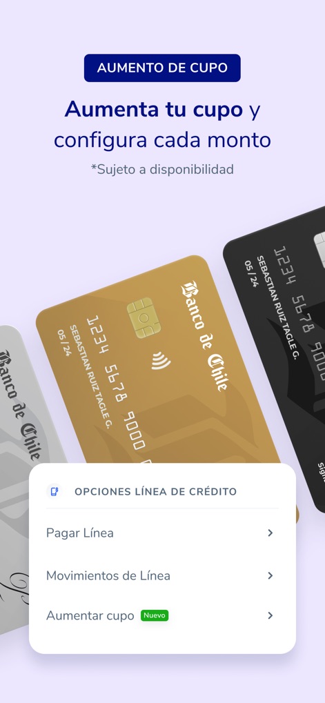 Mi Banco Chile - クレジットラインの管理オプションが表示されており、「増額」機能と、「ラインの支払い」および「ラインの動き」を確認する機能が含まれています。