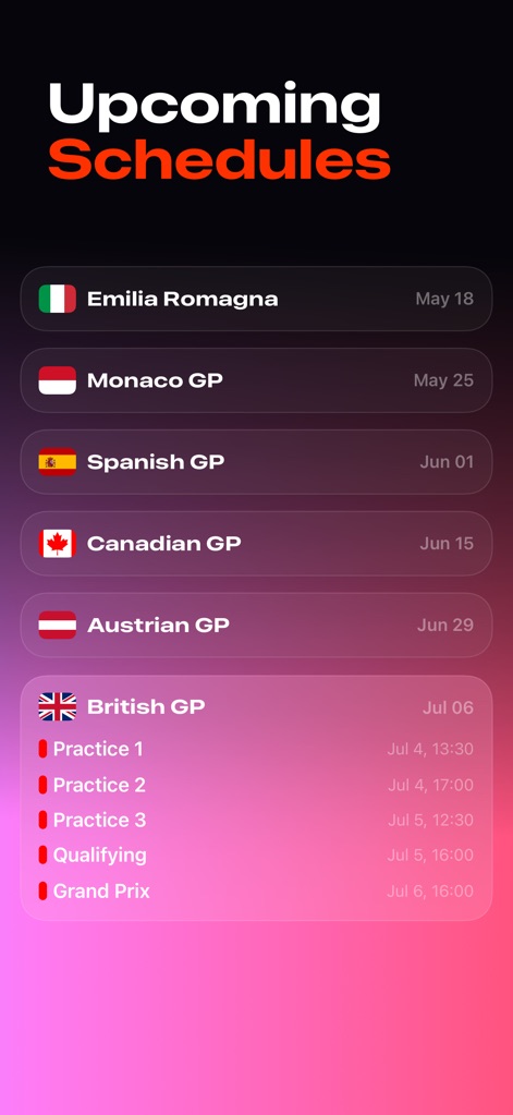 RaceWeek: Formula Widgets - Cette section affiche la liste exhaustive des Grands Prix à venir, permettant aux fans de consulter d'un coup d'œil les dates clés et les détails précis de chaque session, de la pratique à la course principale.