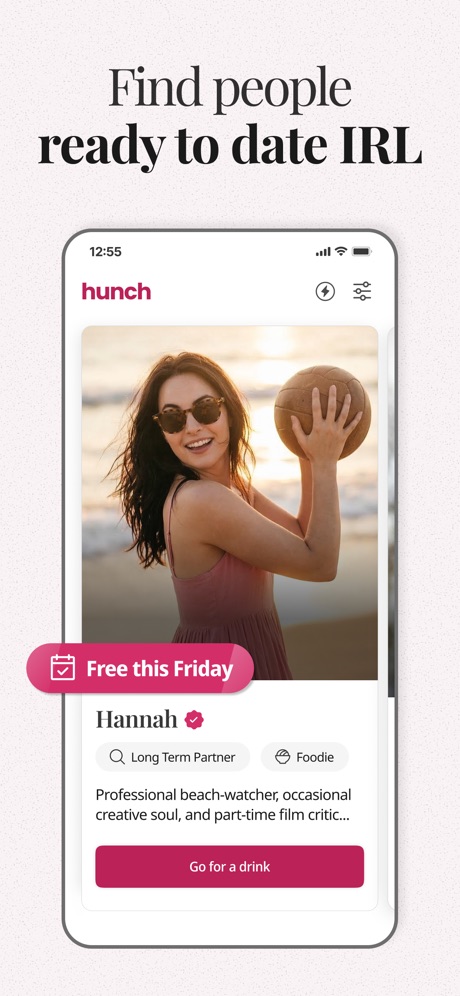 Hunch Dating App: Vibe & Meet App Store screenshot 3, headline “Find people ready to date IRL”. Serif headline.