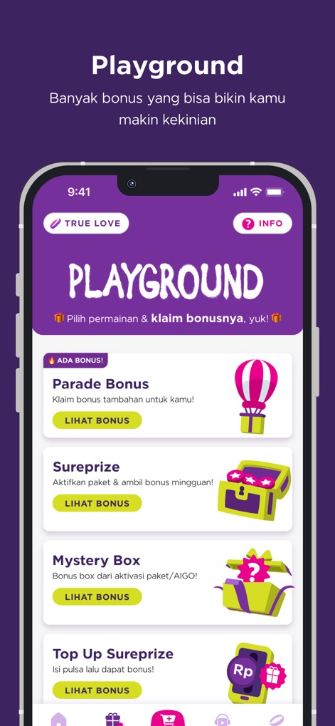 AXISNet - La sección "Playground" presenta atractivos bonos, como el "Parade Bonus" y "Sureprize", ofreciendo a los usuarios experiencias lúdicas y recompensas.