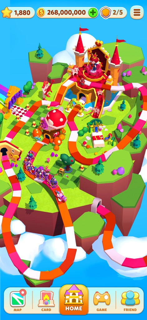 Carnival Tycoon: Coin Games - The app presents a comprehensive view of a vibrant theme park situated on a floating island, complete with diverse attractions and an accessible navigation menu at the bottom.