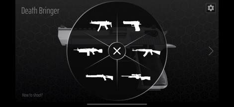 Gun Simulator - Shake to shoot - 원형 무기 선택 메뉴는 권총 주변에 배치된 다양한 총기 실루엣을 제공하여, 사용자가 원하는 무기를 쉽게 탐색하고 선택할 수 있도록 돕습니다.
