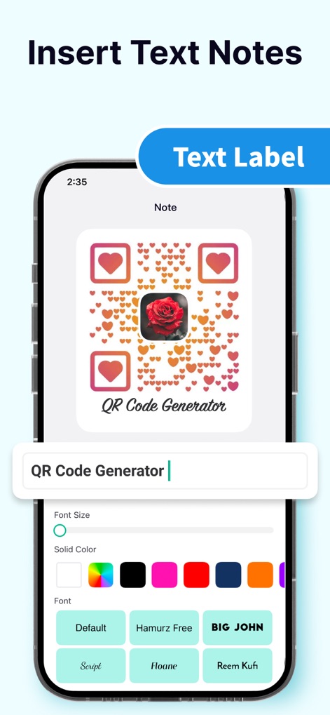 QR Code Generator, QR Template - L'outil permet d'ajouter des notes textuelles explicatives sous les codes QR, avec des options de personnalisation telles que la taille de la police et la couleur, pour une meilleure communication.