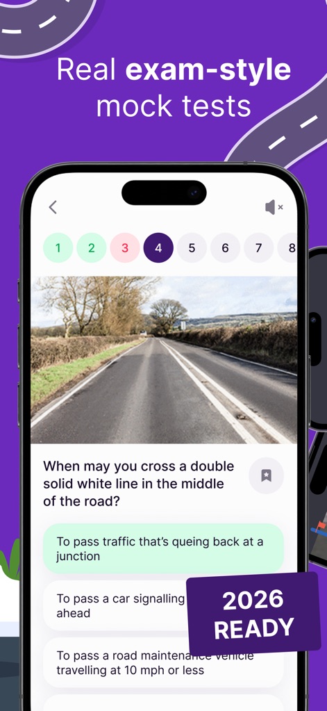 Driving Test Theory Kit 2026 - Users experience realistic "real exam-style mock tests" complete with detailed questions, visual aids, and a "2026 READY" indicator for currency.