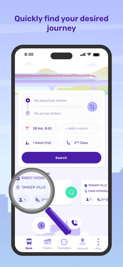 ONCF Voyages - Les utilisateurs bénéficient d'un accès rapide à leurs itinéraires favoris grâce aux recherches récentes affichées en bas de l'écran, et peuvent visualiser les détails essentiels comme la gare de départ et d'arrivée.