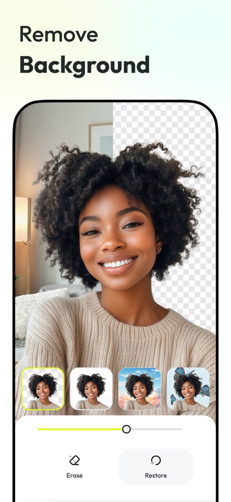 AnyEraser: Remove Objects AI - See how the app instantly removes backgrounds, offering users various new background templates to choose from for their images.