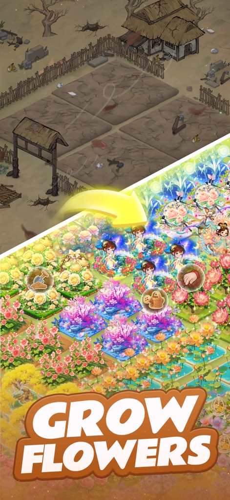 My Garden Tale - See how the app facilitates the transformation from a barren landscape to a vibrant garden, showcasing diverse flowers like roses and glowing fantasy plants.