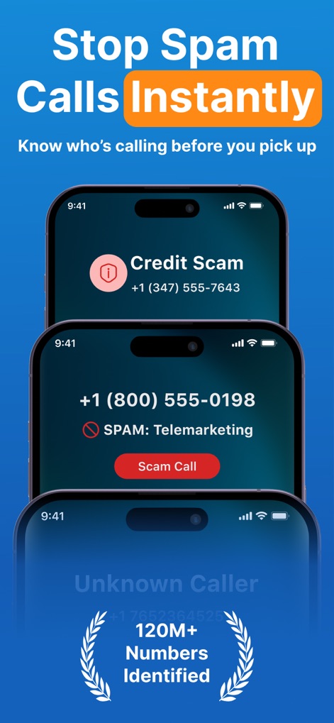 True CallerID: Spam Blocker - Esta pantalla muestra la capacidad de la aplicación para identificar y categorizar llamadas no deseadas, como el aviso de "Credit Scam" y la etiqueta explícita de "SPAM: Telemarketing".