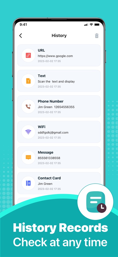 QR Code Scanner:Barcode Reader - このアプリは、URLや電話番号など、過去のQRコードスキャン履歴と記録された情報カテゴリの表示を一元的に管理し、ユーザーはいつでも簡単に活動内容を確認できます。