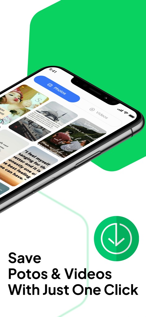 Status Saver : Videos - Users can effortlessly save various media types, toggling between 'Photos' and 'Videos' tabs to manage their downloaded content with a single click.