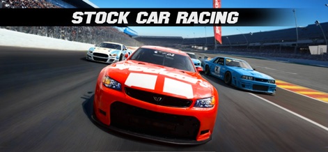 Stock Car Racing - The app delivers stunning visuals of modern stock cars engaged in high-speed competition on a meticulously designed asphalt track, with detailed grandstands adding to the authentic race day atmosphere.