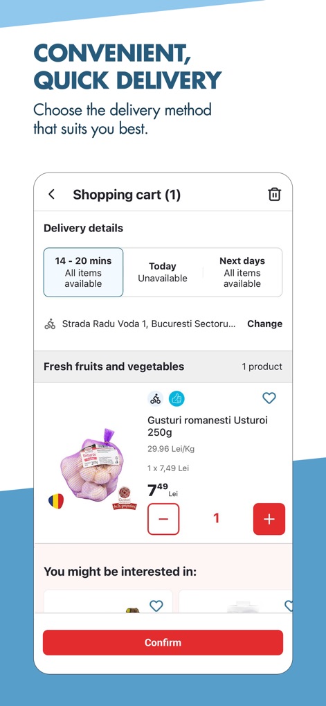 Mega Image Online - Users can conveniently select from various delivery windows like "14 - 20 mins" or "Next days," ensuring groceries arrive when needed, and manage product quantities directly in the cart.