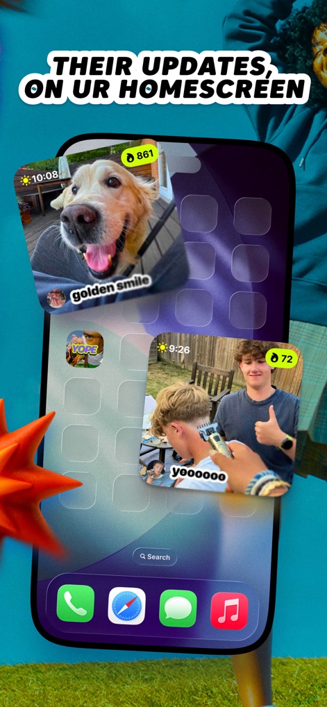 yope: friends-only pics - Os usuários recebem atualizações visuais de amigos diretamente na tela inicial através de widgets personalizáveis, exibindo fotos como a de um cachorro ("golden smile") e interações de amigos.