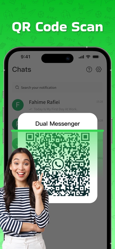 Dual Messenger & Duo Web - La aplicación facilita la conexión rápida a través de un escáner de código QR integrado, que se visualiza claramente con el logotipo de WhatsApp dentro del código, simplificando el acceso.