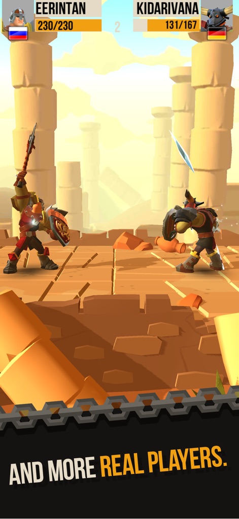 Duels - PVP game of Knighthood - The app illustrates dynamic player showdowns within varied battlegrounds, such as the ancient temple backdrop and the detailed character models engaging in combat.