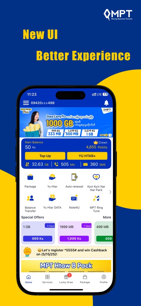 MPT4U - Explore the modernized UI, showcasing real-time main balance and crown points, alongside easily accessible special offers for data and services.