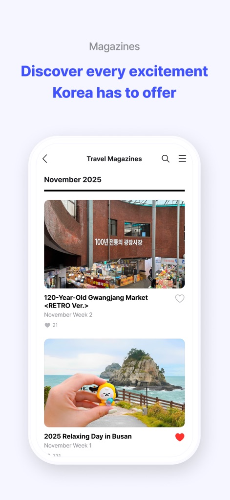 NOL World - This section presents engaging travel magazine articles like '120-Year-Old Gwangjang Market' and '2025 Relaxing Day in Busan,' complete with captivating visual previews.